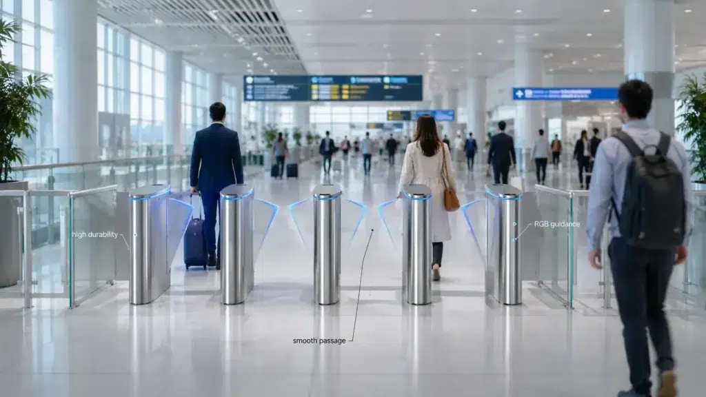 Flap Barrier Gates in the UAE: Combining Secure Access with Modern Design 3 Flap barrier access-control lanes for a high-traffic transport facility