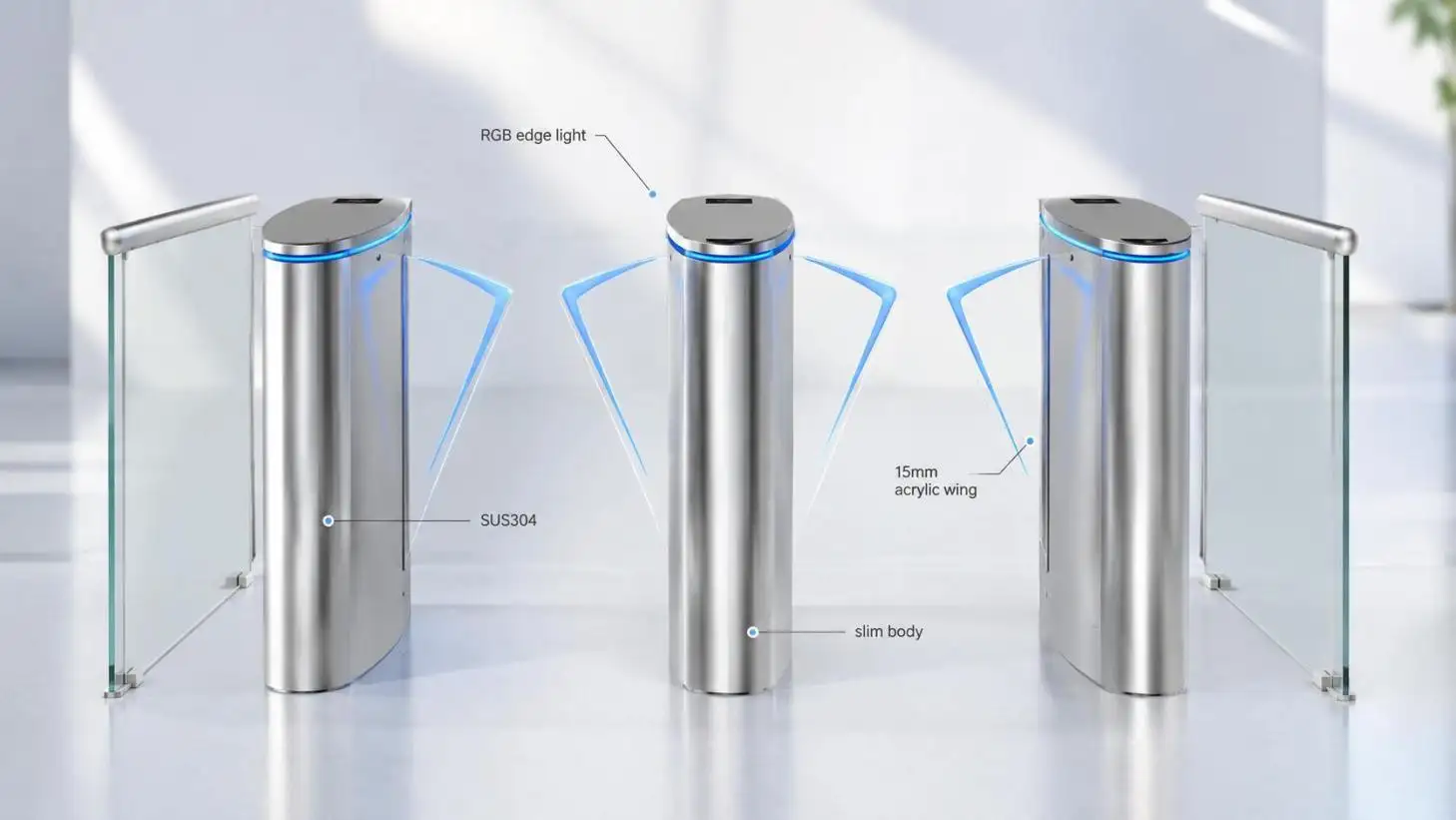 Flap Barrier Gates in the UAE: Combining Secure Access with Modern Design 1 SUS304 stainless-steel flap barrier with acrylic wings and LED lighting