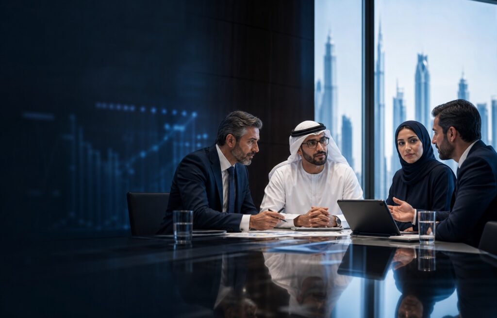 Illustration of a business transformation advisory meeting in Dubai